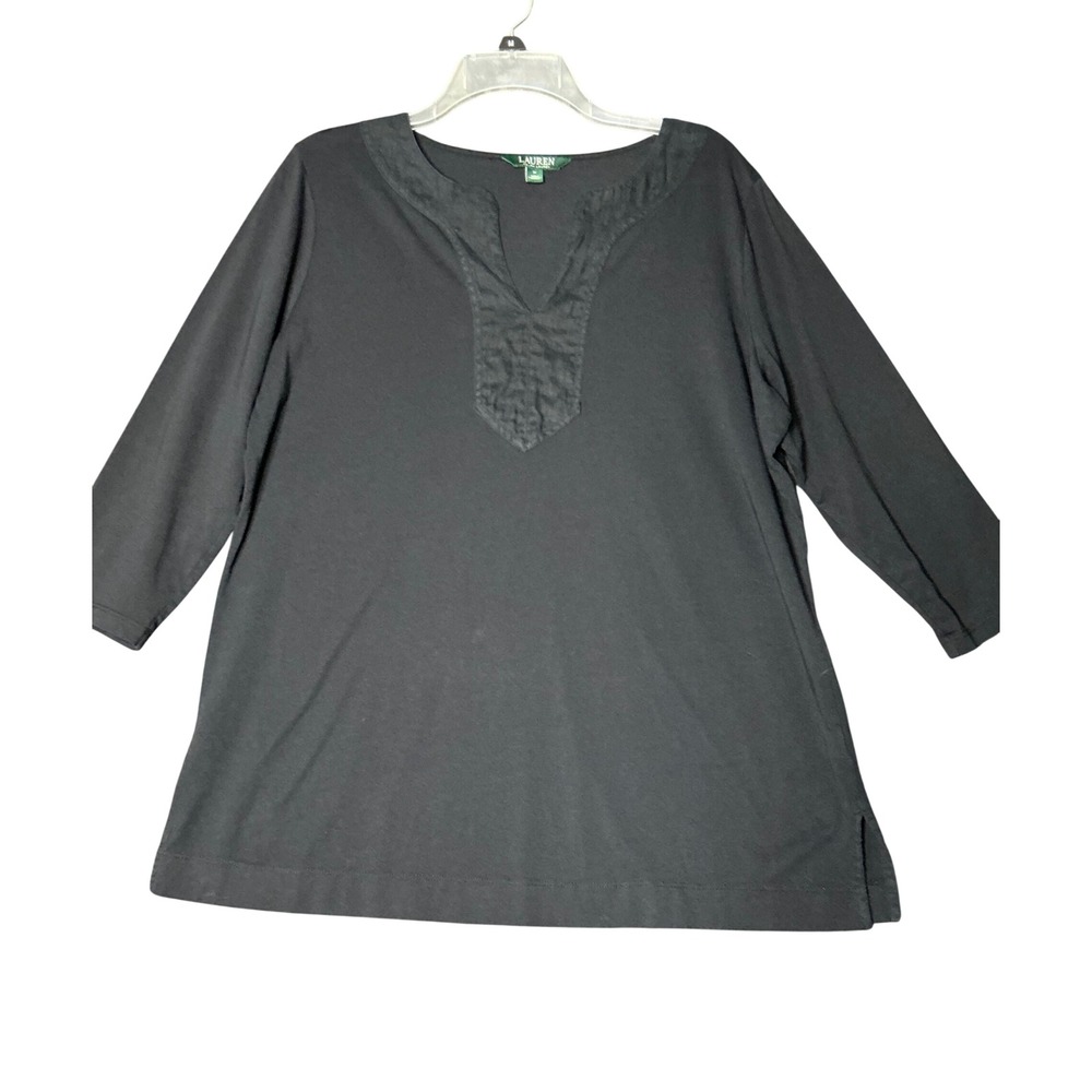 Lauren Ralph Lauren Womens 1X Black Cotton 3/4 Sleeve Split Neck Tunic Top